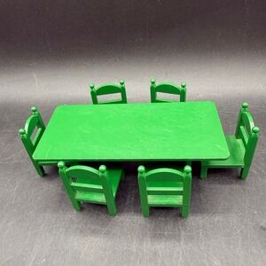 Vintage Tomy Calico Critters Dining Room Set Green Table 6 Chairs 1985 Epoch